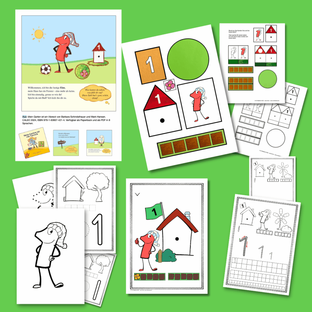 Kostenloses Zahlenland zum Ausprobieren mit der Zahl Eins - Bildergeschichte und Bastelset